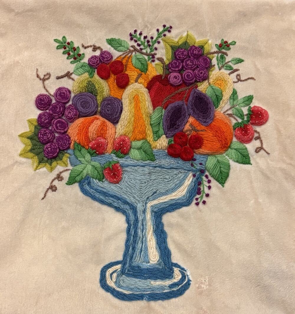 Vintage Paragon Needlecraft Crewel Fruit Bowl Pedestal Unframed 18x18*